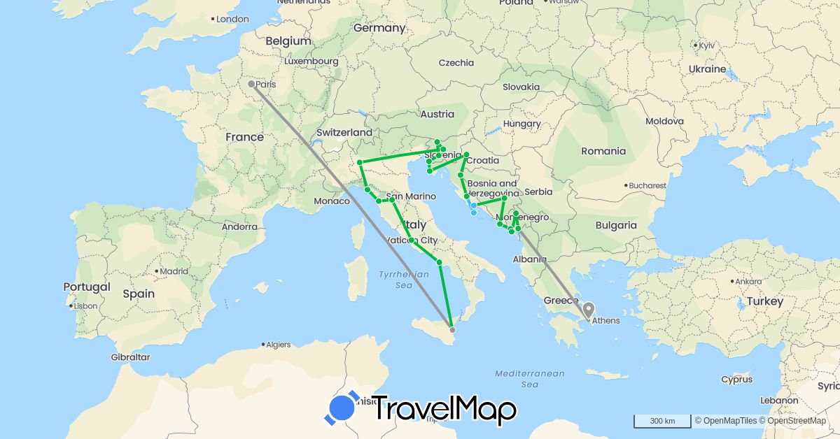 TravelMap itinerary: driving, bus, plane, boat in Bosnia and Herzegovina, France, Greece, Croatia, Italy, Montenegro, Slovenia (Europe)