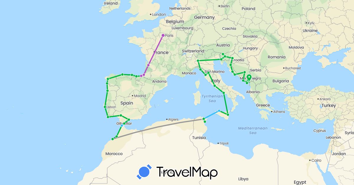 TravelMap itinerary: driving, bus, plane, train, boat in Bosnia and Herzegovina, Spain, France, Gibraltar, Croatia, Italy, Morocco, Montenegro, Portugal, Slovenia, Tunisia (Africa, Europe)